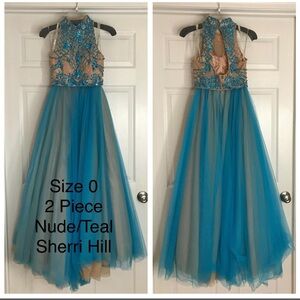 Sherri Hill Teal and Nude 2piece dress